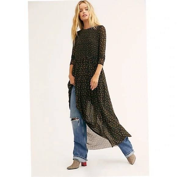 $128‎ Free People Black Hello & Goodbye Mesh Long Sleeve Maxi Dress Size Small - Picture 2 of 9